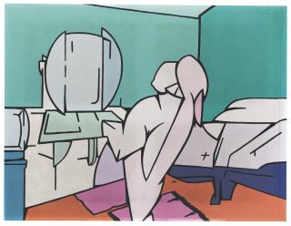 Valerio Adami - Figura In Una Camera D\'Albergosigned, Titled And Dated 67 On The Reverse, Acrylic On Canvas