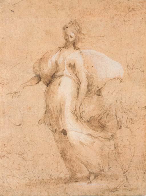 Valerio Castello - Une femme marchant vers la gauche, un vase au premier plan