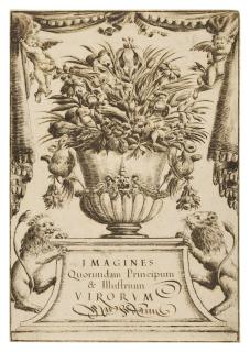 Valerio Spada - A title page decorated with a vase of flowers, lions and putti