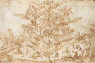 Valerio Spada - An allegory of Victory on a oak tree (the badge of the Della Rovere family) supporting the arms of the Medici and the Habsburgs, a hunting scene in the background