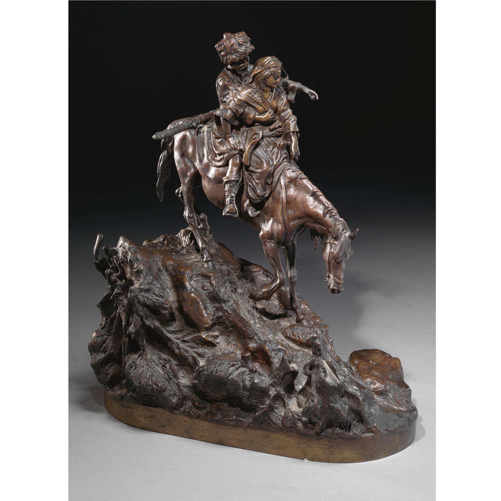 Vasili Grachev - A Bronze Group Of A Mounted Cossack And His Sweetheart