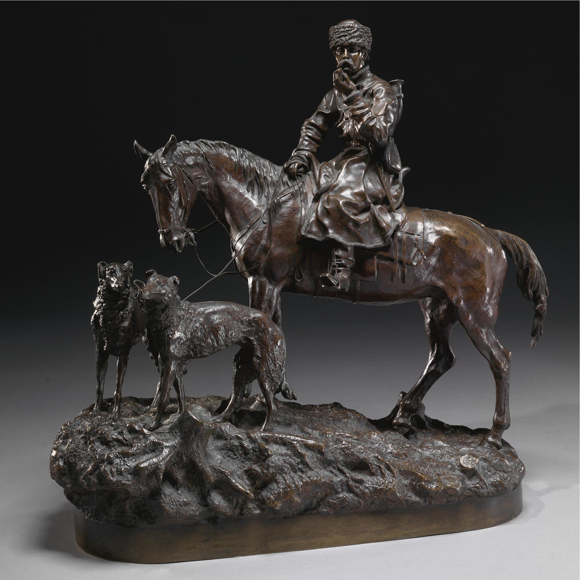Vasili Grachev - A Bronze Group Of A Mounted Cossack With Hounds