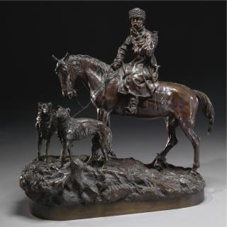 Vasili Grachev - A Bronze Group Of A Mounted Cossack With Hounds