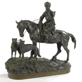 Vasilii Grachev - A Russian Bronze Group Of A Hunter With Two Borzoi