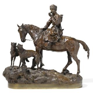 Vasily Grachev - A Bronze Group Of A Hunter With Two Borzoi