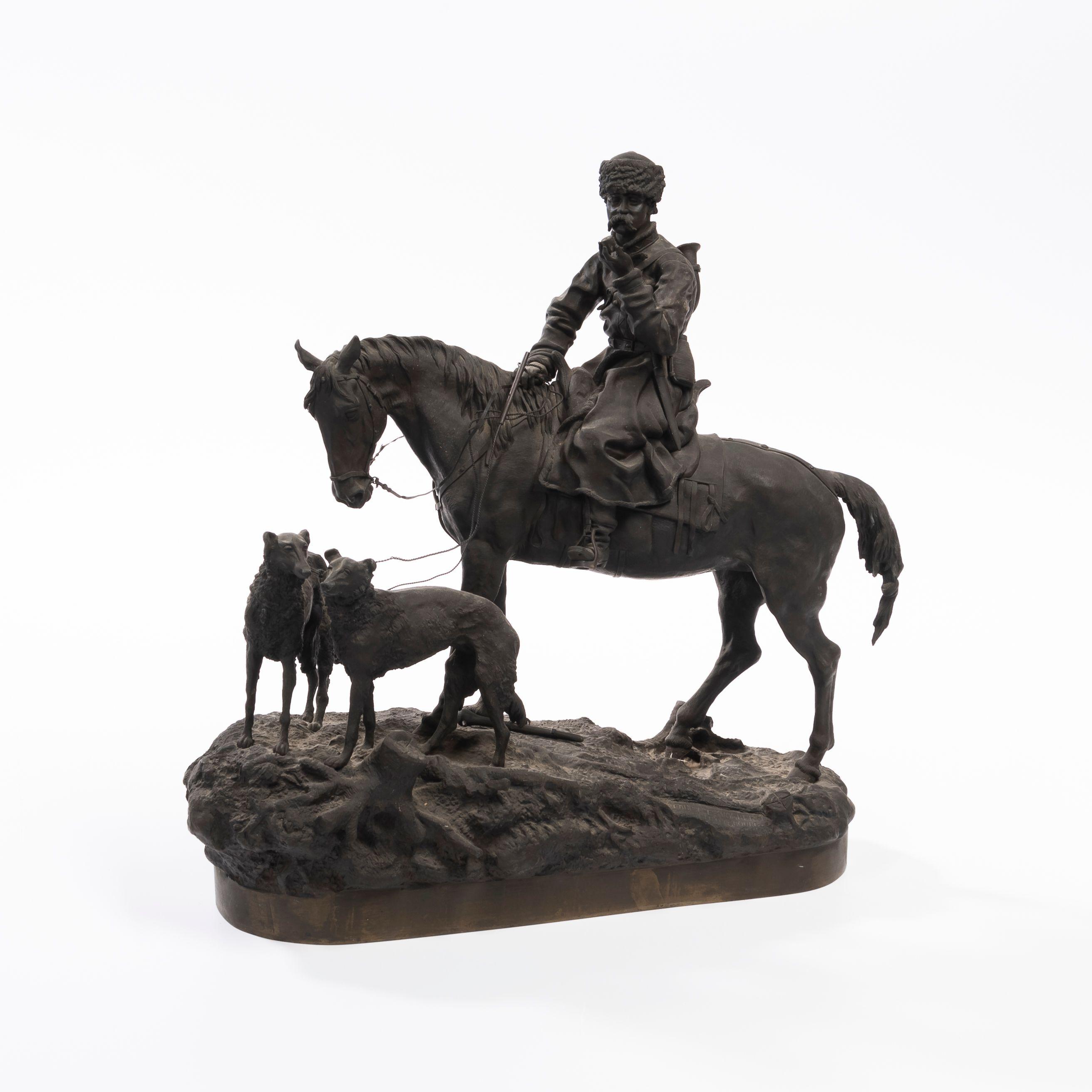 Vasily Grachev - A Cossack Huntsman on Horseback, Smoking a Pipe, with Two Borzoi Dogs on Leashes