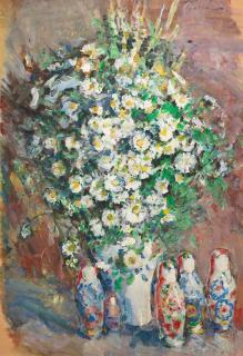 Vasily Ivanovich Grigoriev - Still life with the Russian dolls and flowers