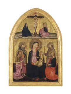 Ventura Di Moro - The Madonna and Child enthroned with Saints Francis of Assisi, James the Great, John the Baptist and Anthony Abbot, with The Crucifixion above