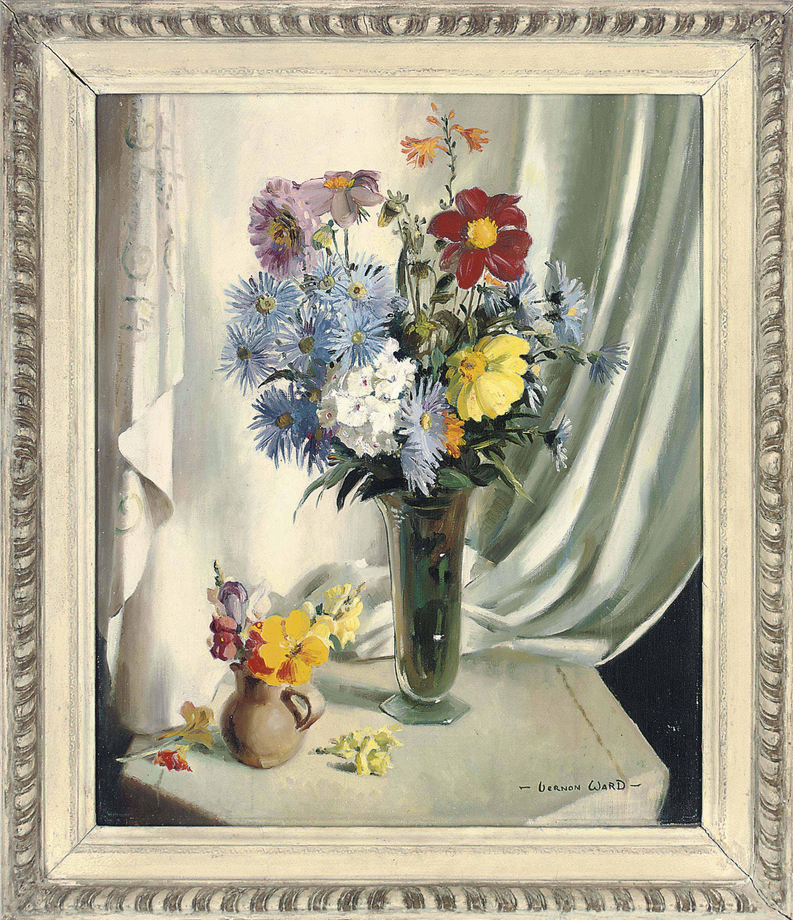 Vernon de Beauvoir Ward - Chrysanthemums, daisies and other flowers in a glass vase