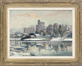 Vernon de Beauvoir Ward - Swans and a figure in a punt, before Windsor Castle