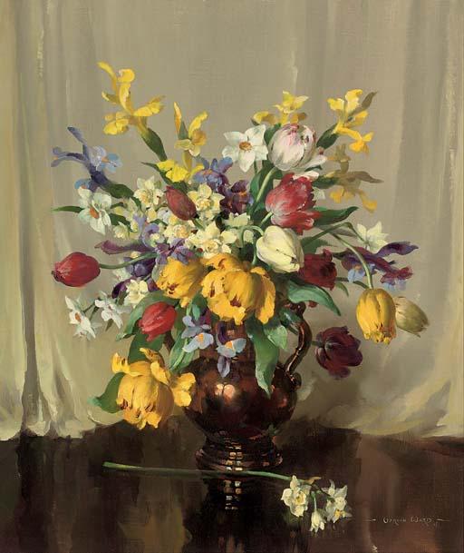 Vernon de Beauvoir Ward - Tulips, irises and narcissi in a copper jug