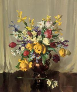 Vernon de Beauvoir Ward - Tulips, irises and narcissi in a copper jug