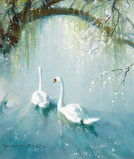 Vernon de Beauvoir Ward - Two swans under a tree in blossom
