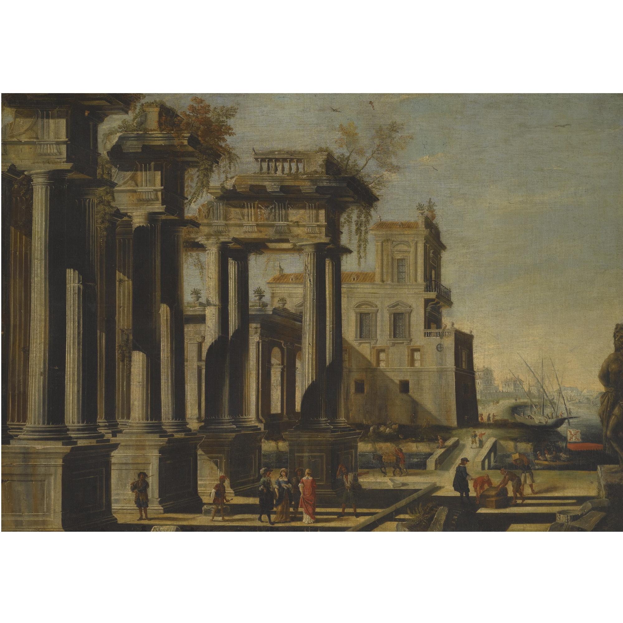 Vicente Giner - A Mediterranean Harbour Capriccio With Figures Beneath Classical Ruins