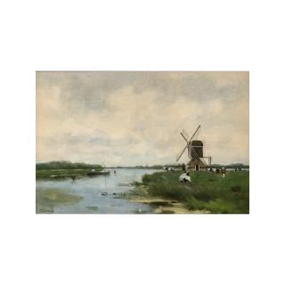 Victor Bauffe - A River Landscape With A Windmill And Cattle