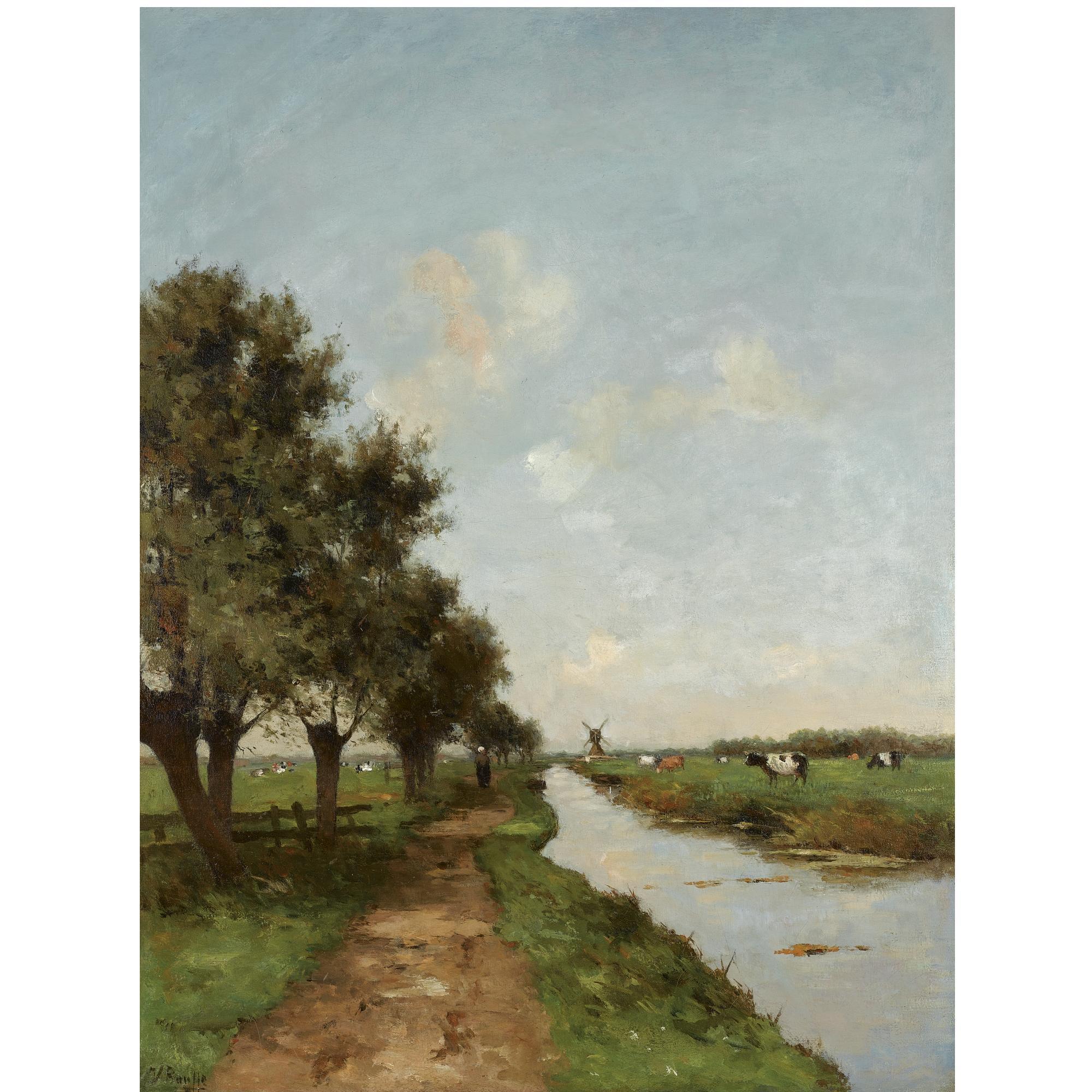 Victor Bauffe - Dutch A Polder Landscape With A Windmill In The Distance