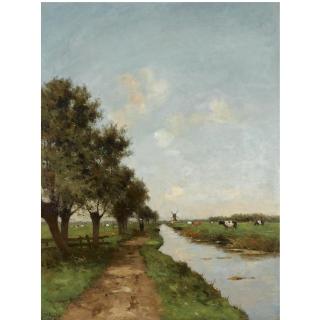 Victor Bauffe - Dutch A Polder Landscape With A Windmill In The Distance