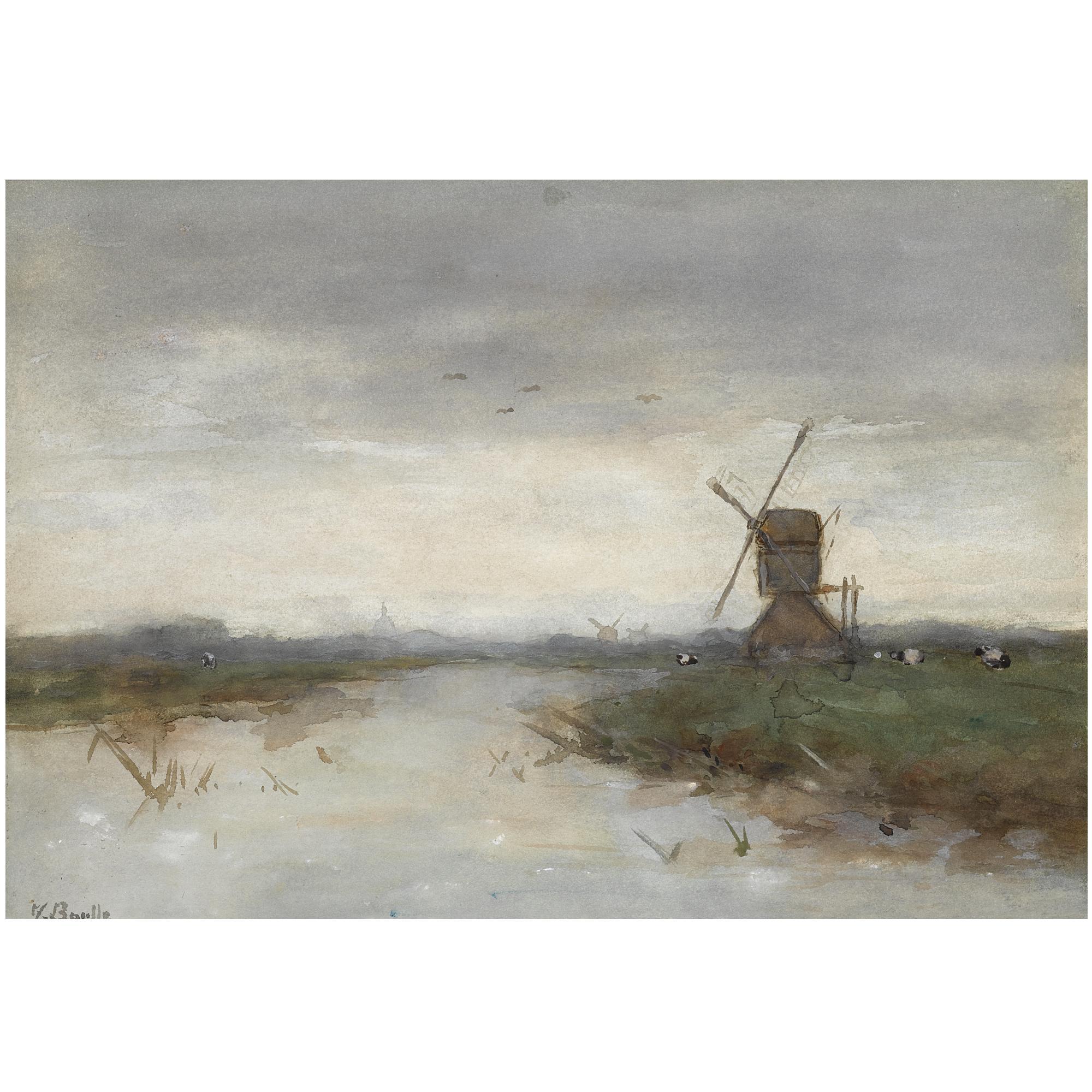 Victor Bauffe - Dutch A Windmill In A Polder Landscape