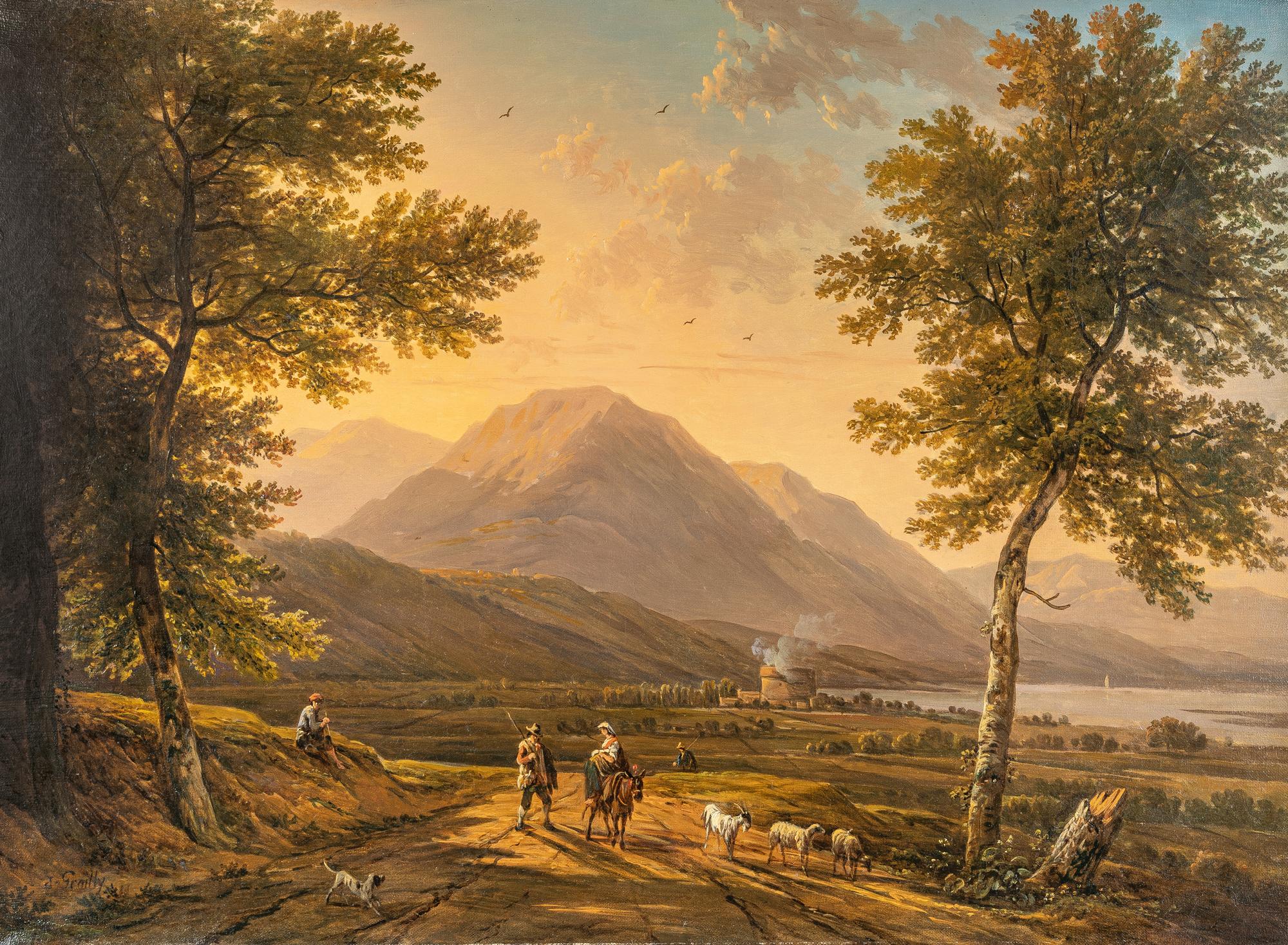 Victor de Grailly - Südliche Landschaft mit Reisenden, in Hintergrund ein Gebirgsmassiv