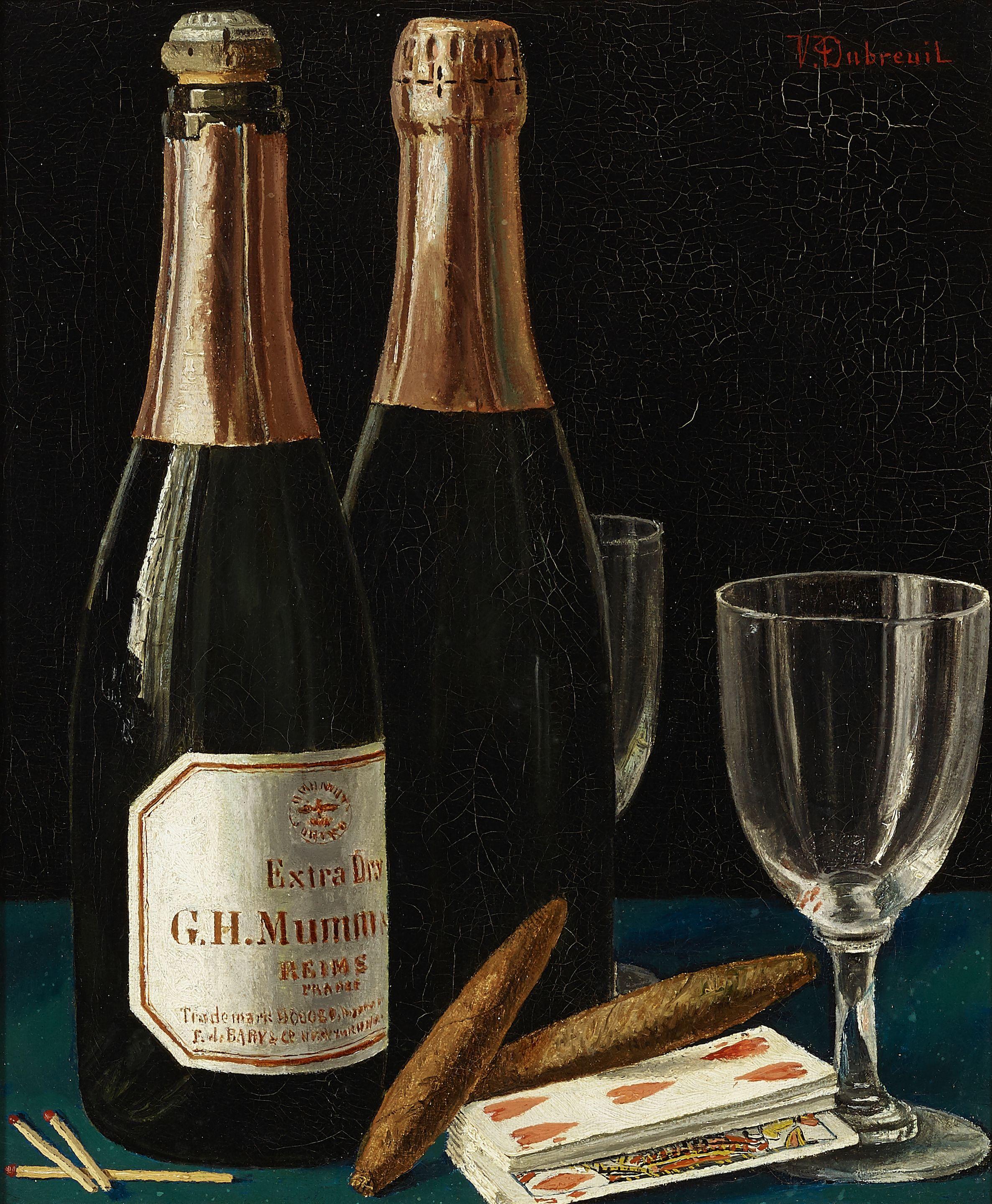 Victor Dubreuil - Still life with champagne, cigars, and a pack of playing cards