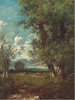 Victor Dupré - Cattle and sheep with a herder in a clearing