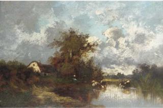 Victor Dupré - Cattle watering at a lakeside cottage
