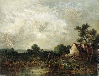 Victor Dupre - Cottage by a pond