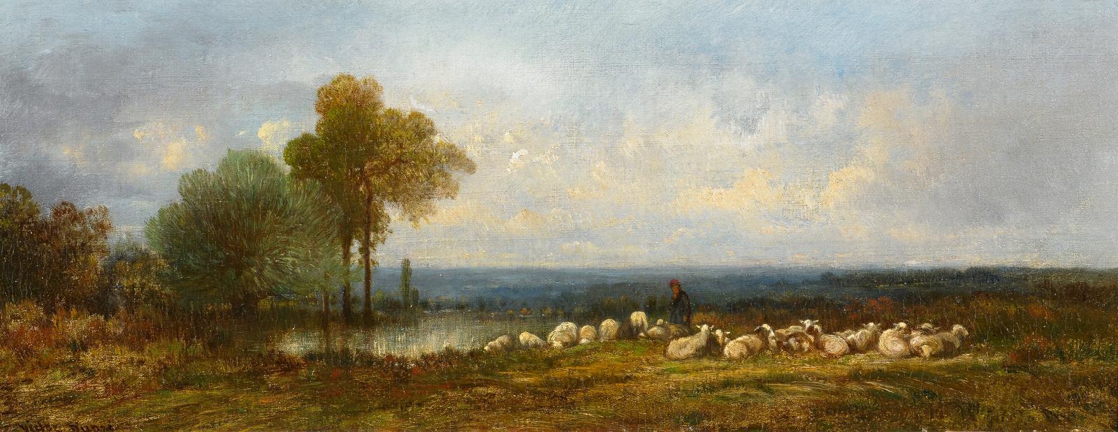 Victor Dupré - Schafhirte mit seiner Herde am See.