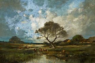 Victor Dupré - Vieh an der Tränke hinterm Dorf