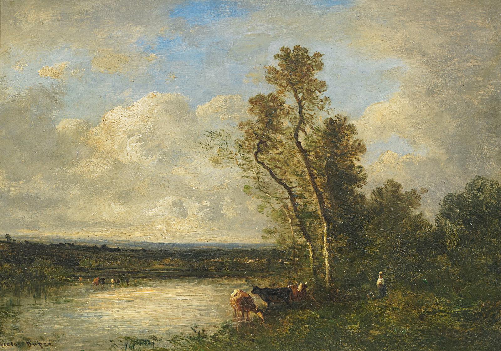 Victor Dupré - Weite Landschaft mit Kühen am Wasser.