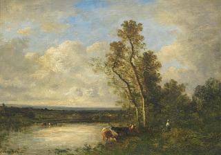 Victor Dupré - Weite Landschaft mit Kühen am Wasser.