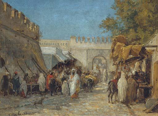 Victor Eeckhout - Arabs in a bustling bazaar