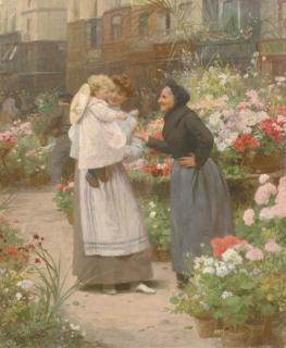 Victor Gabriel Gilbert - A Flower Seller Offering a Flower to a Child