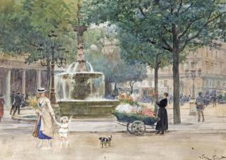 Victor Gabriel Gilbert - A Flower Stall Near A Fountain, Paris