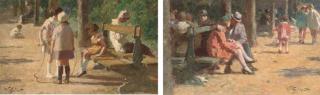 Victor Gabriel Gilbert - Children in a park; and A couple on a park bench