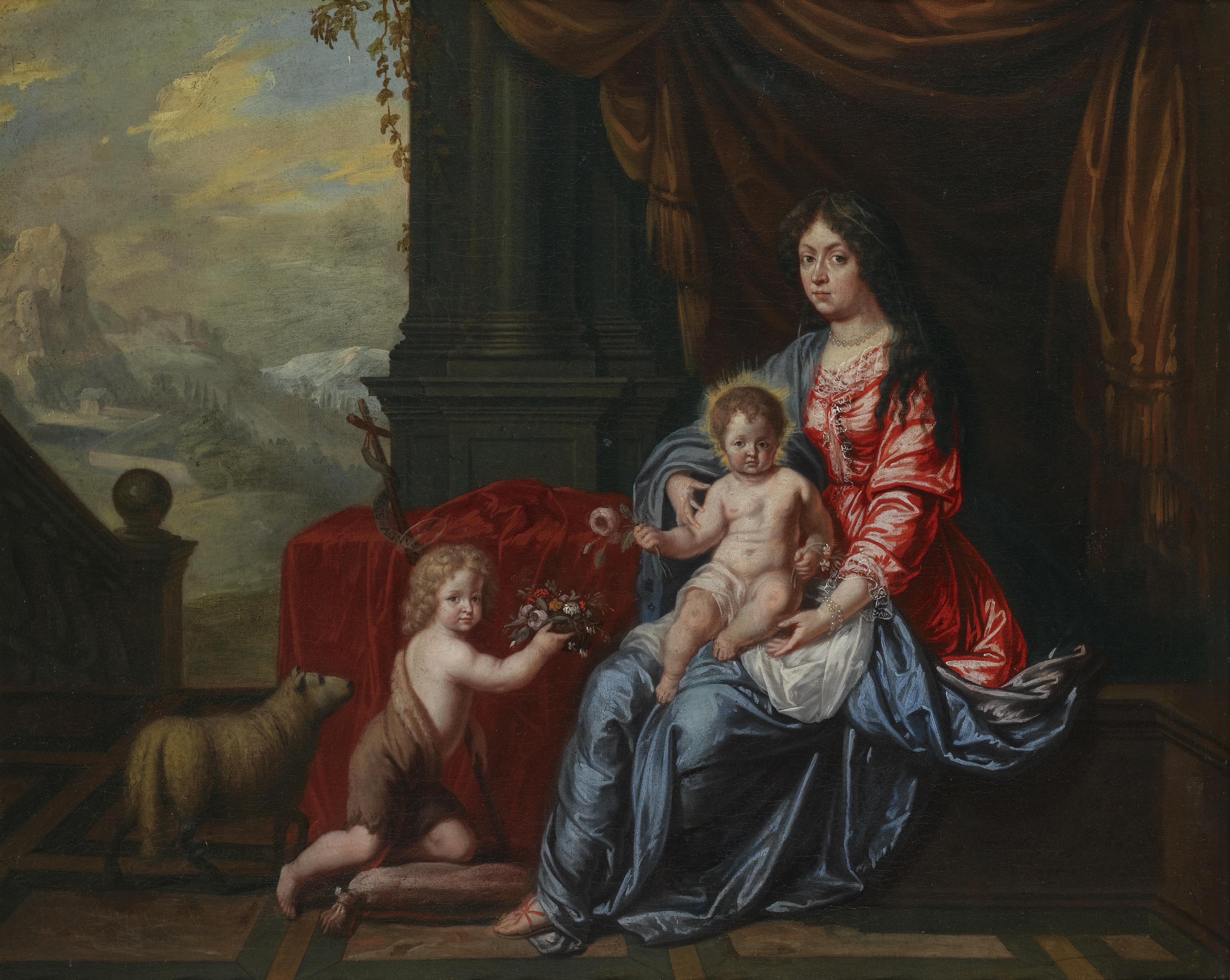 Victor Honoré Janssens - Portrait Of A Lady, Possibly Maria Luisa De Medici (1667-1743), In The Guise Of The Madonna With A Child, Beside Them The Infant Saint John The Baptist