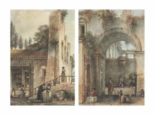 Victor-Jean Nicolle - A Woman And Two Children In Front Of A Fountain, And Figures, Including A Monk, By A Shrine