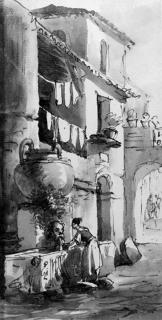 Victor-Jean Nicolle - An Italian street with a woman washing clothes at a fountain