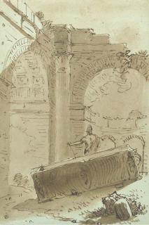 Victor-Jean Nicolle - Les ruines d\'un bâtiment classique avec un soldat près d\'un sarcophage