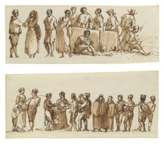 Victor-Jean Nicolle - Seven sketches of figures standing, seated, walking with sticks, standing around a barrel, carrying baskets and fishing