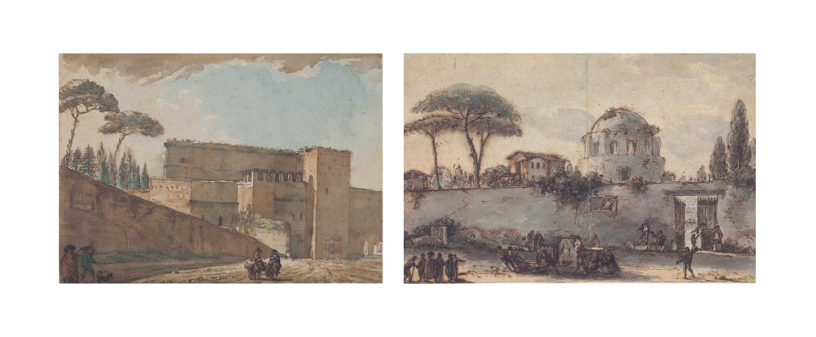 Victor-Jean Nicolle - The Porta Maggiore, Rome;  and  The temple Minerva Medica with a wall and figures in the foreground