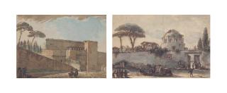 Victor-Jean Nicolle - The Porta Maggiore, Rome;  and  The temple Minerva Medica with a wall and figures in the foreground