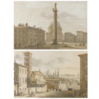 Victor Jean Nicolle - Two Roman Views: A) Trajan\'S Column In Front Of Santa Maria Di Loreto; B) The Church Of Santa Pudenziana