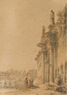 Victor-Jean Nicolle - Un Capriccio Avec Un Palais Et Un Temple, Deux Figures Au Premier Plan