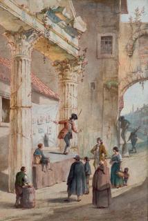 Victor-Jean Nicolle - Un marchand ambulant, sur une estrade installée sous un portique antique, harangue quelques spectateurs