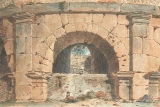 Victor-Jean Nicolle - Vue d\'une arche du Colisée à Rome, un homme au premier plan