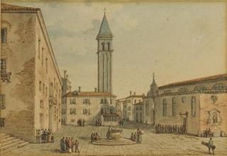 Victor-Jean Nicolle - Vue d\'une place italienne, une tour à l\'arrière-plan