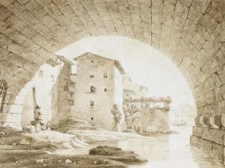 Victor-Jean Nicolle - Vue Prise Sous Le Ponte Rotto À Rome, Avec Un Couple Discutant Et Des Maisons À L\'Arrière-Plan