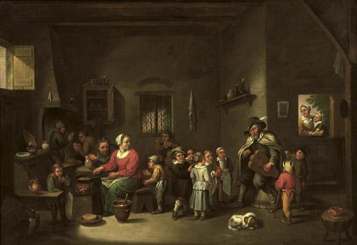 Victor Mahu - An interior with a hurdy-gurdy player making music, children listening and eating pancakes