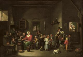 Victor Mahu - An interior with a hurdy-gurdy player making music, children listening and eating pancakes
